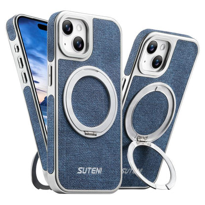 Suteni G6 Denim Pattern Electroplated 360 Rotation Holder Magnetic Phone Case, For iPhone 15, For iPhone 14, For iPhone 14 Pro, For iPhone 14 Pro Max, For iPhone 13 Pro Max, For iPhone 13 Pro, For iPhone 13