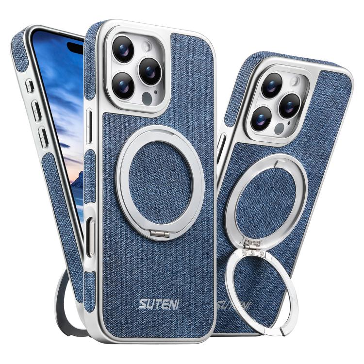 Suteni G6 Denim Pattern Electroplated 360 Rotation Holder Magnetic Phone Case, For iPhone 15, For iPhone 14, For iPhone 14 Pro, For iPhone 14 Pro Max, For iPhone 13 Pro Max, For iPhone 13 Pro, For iPhone 13