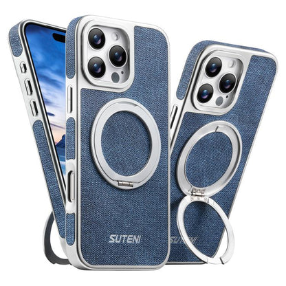 Suteni G6 Denim Pattern Electroplated 360 Rotation Holder Magnetic Phone Case, For iPhone 15, For iPhone 14, For iPhone 14 Pro, For iPhone 14 Pro Max, For iPhone 13 Pro Max, For iPhone 13 Pro, For iPhone 13