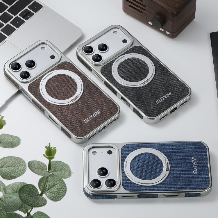 Suteni G6 Denim Pattern Electroplated 360 Rotation Holder Magnetic Phone Case, For iPhone 15, For iPhone 14, For iPhone 14 Pro, For iPhone 14 Pro Max, For iPhone 13 Pro Max, For iPhone 13 Pro, For iPhone 13