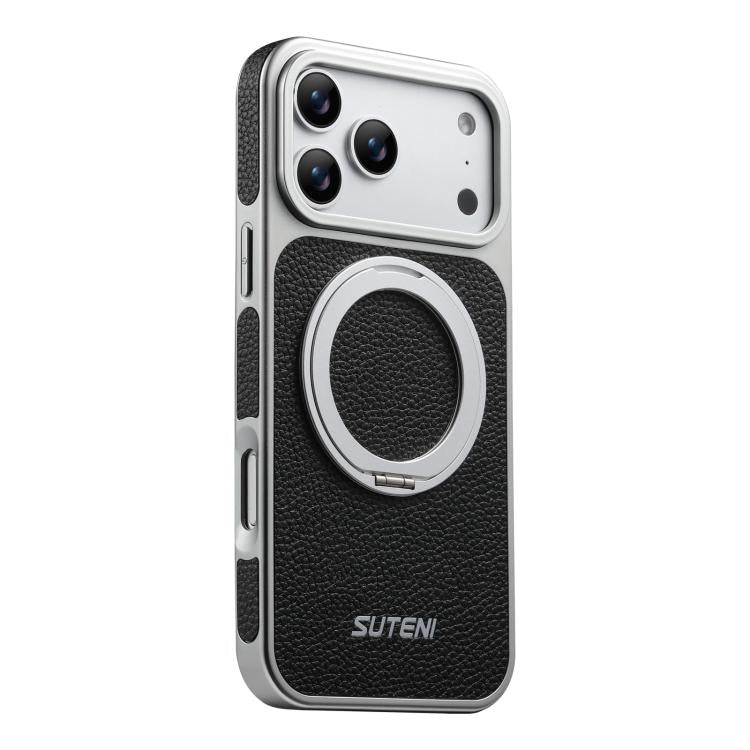 Suteni G6 Large Litchi Texture Electroplated 360 Rotation Holder Magnetic Phone Case, For iPhone 17 Pro Max, For iPhone 17 Pro, For iPhone 17, For iPhone 16 Pro Max, For iPhone 16 Pro, For iPhone 16, For iPhone 15 Pro Max, For iPhone 15 Pro