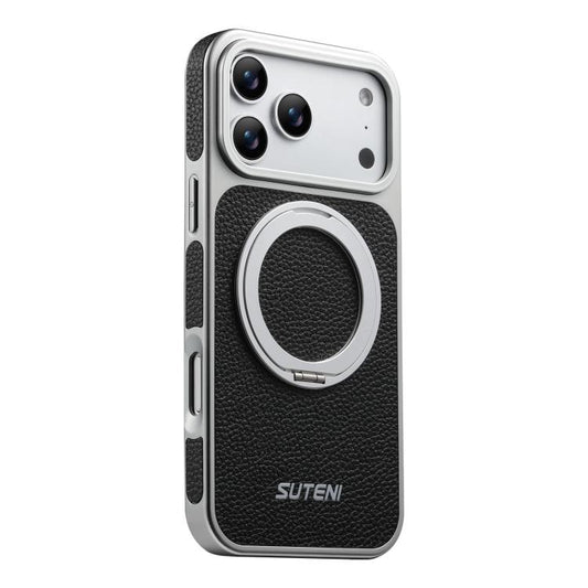 Suteni G6 Large Litchi Texture Electroplated 360 Rotation Holder Magnetic Phone Case, For iPhone 17 Pro Max, For iPhone 17 Pro, For iPhone 17, For iPhone 16 Pro Max, For iPhone 16 Pro, For iPhone 16, For iPhone 15 Pro Max, For iPhone 15 Pro