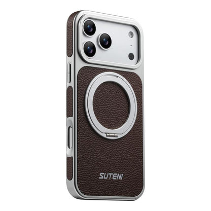 Suteni G6 Large Litchi Texture Electroplated 360 Rotation Holder Magnetic Phone Case, For iPhone 17 Pro Max, For iPhone 17 Pro, For iPhone 17, For iPhone 16 Pro Max, For iPhone 16 Pro, For iPhone 16, For iPhone 15 Pro Max, For iPhone 15 Pro