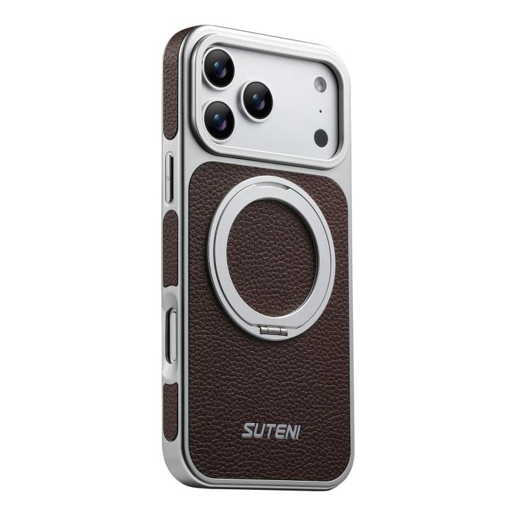 Suteni G6 Large Litchi Texture Electroplated 360 Rotation Holder Magnetic Phone Case, For iPhone 17 Pro Max, For iPhone 17 Pro, For iPhone 17, For iPhone 16 Pro Max, For iPhone 16 Pro, For iPhone 16, For iPhone 15 Pro Max, For iPhone 15 Pro