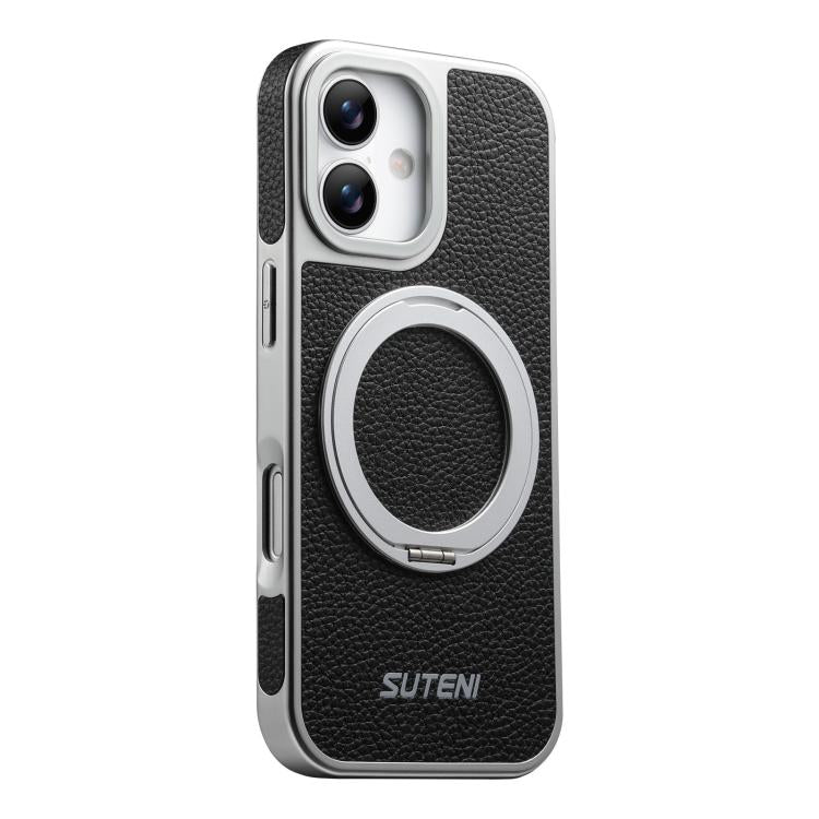 Suteni G6 Large Litchi Texture Electroplated 360 Rotation Holder Magnetic Phone Case, For iPhone 17 Pro Max, For iPhone 17 Pro, For iPhone 17, For iPhone 16 Pro Max, For iPhone 16 Pro, For iPhone 16, For iPhone 15 Pro Max, For iPhone 15 Pro