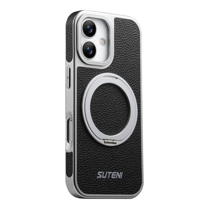 Suteni G6 Large Litchi Texture Electroplated 360 Rotation Holder Magnetic Phone Case, For iPhone 17 Pro Max, For iPhone 17 Pro, For iPhone 17, For iPhone 16 Pro Max, For iPhone 16 Pro, For iPhone 16, For iPhone 15 Pro Max, For iPhone 15 Pro