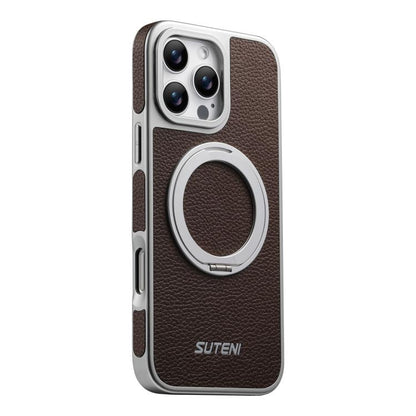 Suteni G6 Large Litchi Texture Electroplated 360 Rotation Holder Magnetic Phone Case, For iPhone 17 Pro Max, For iPhone 17 Pro, For iPhone 17, For iPhone 16 Pro Max, For iPhone 16 Pro, For iPhone 16, For iPhone 15 Pro Max, For iPhone 15 Pro