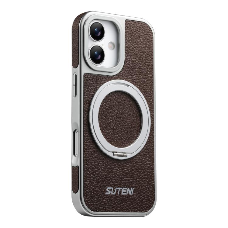 Suteni G6 Large Litchi Texture Electroplated 360 Rotation Holder Magnetic Phone Case, For iPhone 17 Pro Max, For iPhone 17 Pro, For iPhone 17, For iPhone 16 Pro Max, For iPhone 16 Pro, For iPhone 16, For iPhone 15 Pro Max, For iPhone 15 Pro