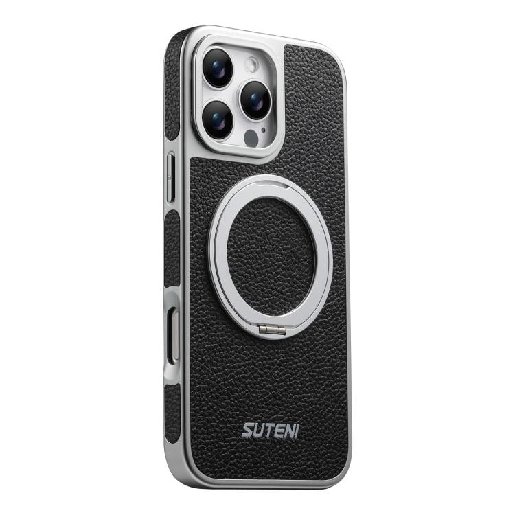 Suteni G6 Large Litchi Texture Electroplated 360 Rotation Holder Magnetic Phone Case, For iPhone 17 Pro Max, For iPhone 17 Pro, For iPhone 17, For iPhone 16 Pro Max, For iPhone 16 Pro, For iPhone 16, For iPhone 15 Pro Max, For iPhone 15 Pro