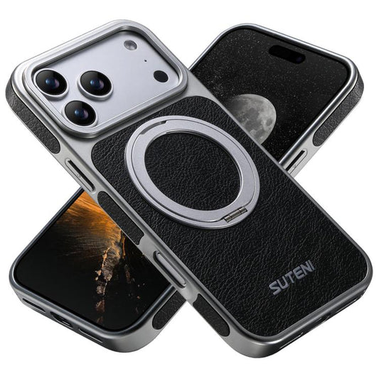 Suteni G6 Crazy Horse Texture Electroplated 360 Rotation Holder Magnetic Phone Case, For iPhone 17 Pro Max, For iPhone 17 Pro, For iPhone 17, For iPhone 16 Pro Max, For iPhone 16 Pro, For iPhone 16