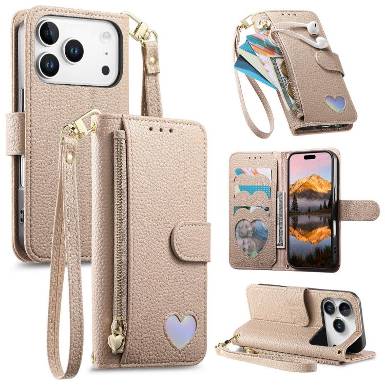 Fantasy Love Heart Zipper Wallet Vegan Leather Phone Case with Strap, For iPhone 17 Pro Max, For iPhone 17 Pro, For iPhone 17, For iPhone Air