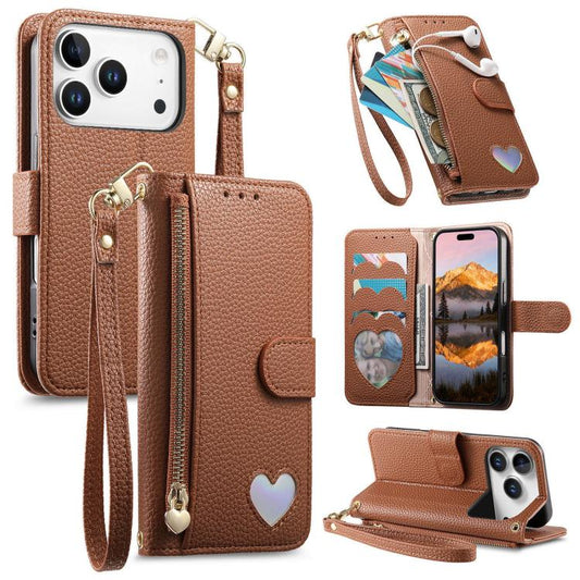 Fantasy Love Heart Zipper Wallet Vegan Leather Phone Case with Strap, For iPhone 17 Pro Max, For iPhone 17 Pro, For iPhone 17, For iPhone Air