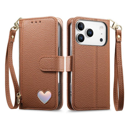Fantasy Love Heart Zipper Wallet Vegan Leather Phone Case with Strap, For iPhone 17 Pro Max, For iPhone 17 Pro, For iPhone 17, For iPhone Air
