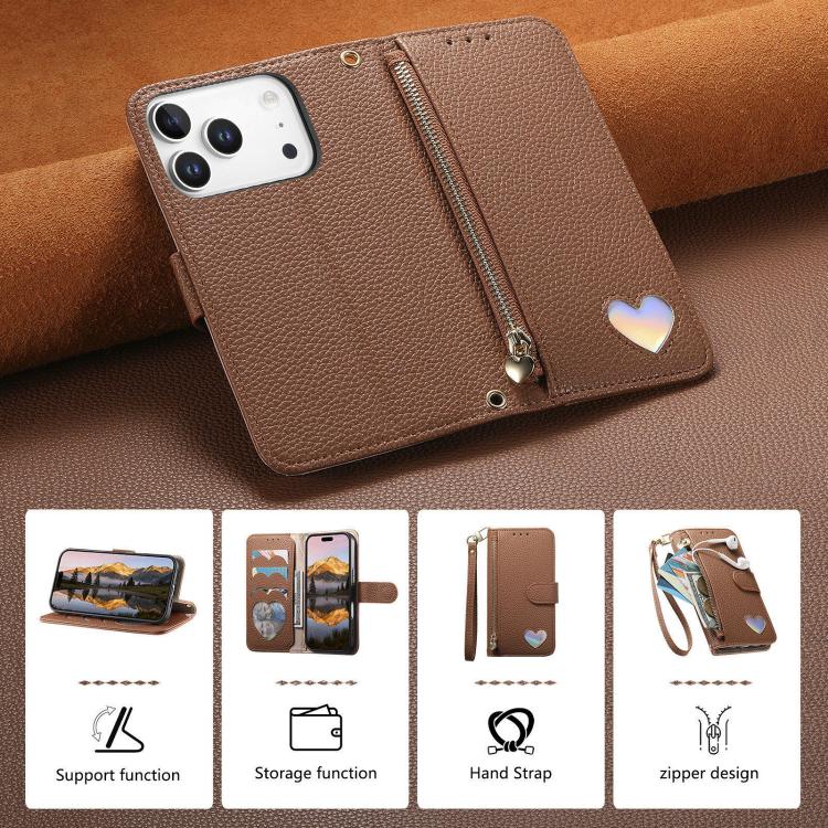 Fantasy Love Heart Zipper Wallet Vegan Leather Phone Case with Strap, For iPhone 17 Pro Max, For iPhone 17 Pro, For iPhone 17, For iPhone Air