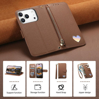 Fantasy Love Heart Zipper Wallet Vegan Leather Phone Case with Strap, For iPhone 17 Pro Max, For iPhone 17 Pro, For iPhone 17, For iPhone Air