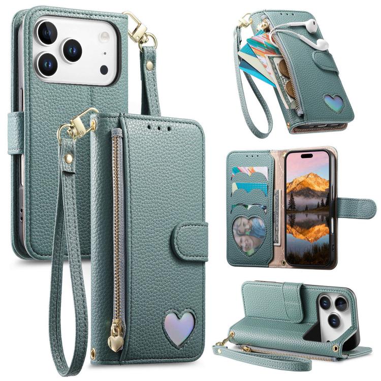 Fantasy Love Heart Zipper Wallet Vegan Leather Phone Case with Strap, For iPhone 17 Pro Max, For iPhone 17 Pro, For iPhone 17, For iPhone Air