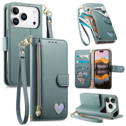 Fantasy Love Heart Zipper Wallet Vegan Leather Phone Case with Strap, For iPhone 17 Pro Max, For iPhone 17 Pro, For iPhone 17, For iPhone Air