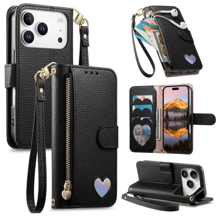 Fantasy Love Heart Zipper Wallet Vegan Leather Phone Case with Strap, For iPhone 17 Pro Max, For iPhone 17 Pro, For iPhone 17, For iPhone Air