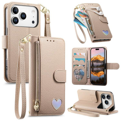Fantasy Love Heart Zipper Wallet Vegan Leather Phone Case with Strap, For iPhone 17 Pro Max, For iPhone 17 Pro, For iPhone 17, For iPhone Air
