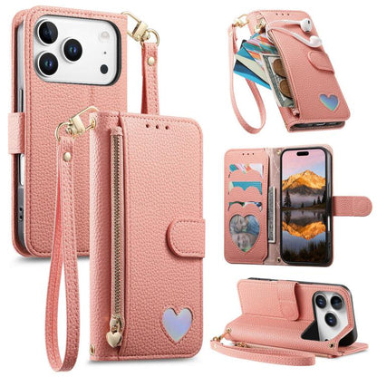 Fantasy Love Heart Zipper Wallet Vegan Leather Phone Case with Strap, For iPhone 17 Pro Max, For iPhone 17 Pro, For iPhone 17, For iPhone Air