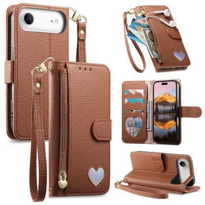 Fantasy Love Heart Zipper Wallet Vegan Leather Phone Case with Strap, For iPhone 17 Pro Max, For iPhone 17 Pro, For iPhone 17, For iPhone Air