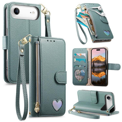 Fantasy Love Heart Zipper Wallet Vegan Leather Phone Case with Strap, For iPhone 17 Pro Max, For iPhone 17 Pro, For iPhone 17, For iPhone Air