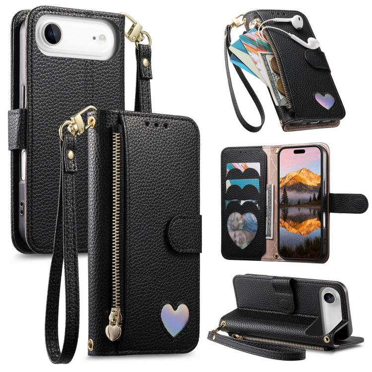 Fantasy Love Heart Zipper Wallet Vegan Leather Phone Case with Strap, For iPhone 17 Pro Max, For iPhone 17 Pro, For iPhone 17, For iPhone Air