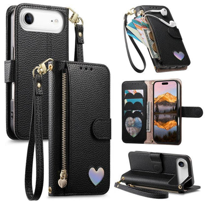 Fantasy Love Heart Zipper Wallet Vegan Leather Phone Case with Strap, For iPhone 17 Pro Max, For iPhone 17 Pro, For iPhone 17, For iPhone Air