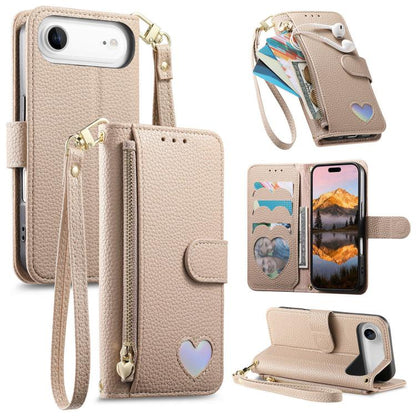 Fantasy Love Heart Zipper Wallet Vegan Leather Phone Case with Strap, For iPhone 17 Pro Max, For iPhone 17 Pro, For iPhone 17, For iPhone Air