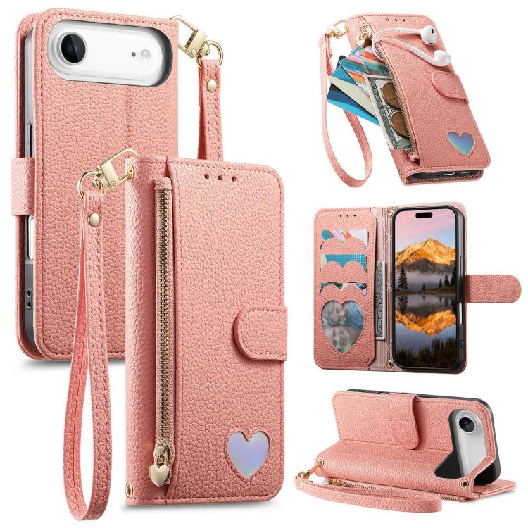 Fantasy Love Heart Zipper Wallet Vegan Leather Phone Case with Strap, For iPhone 17 Pro Max, For iPhone 17 Pro, For iPhone 17, For iPhone Air