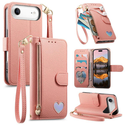 Fantasy Love Heart Zipper Wallet Vegan Leather Phone Case with Strap, For iPhone 17 Pro Max, For iPhone 17 Pro, For iPhone 17, For iPhone Air
