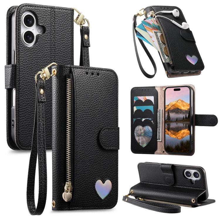 Fantasy Love Heart Zipper Wallet Vegan Leather Phone Case with Strap, For iPhone 16 Pro Max, For iPhone 16 Pro, For iPhone 16 Plus, For iPhone 16