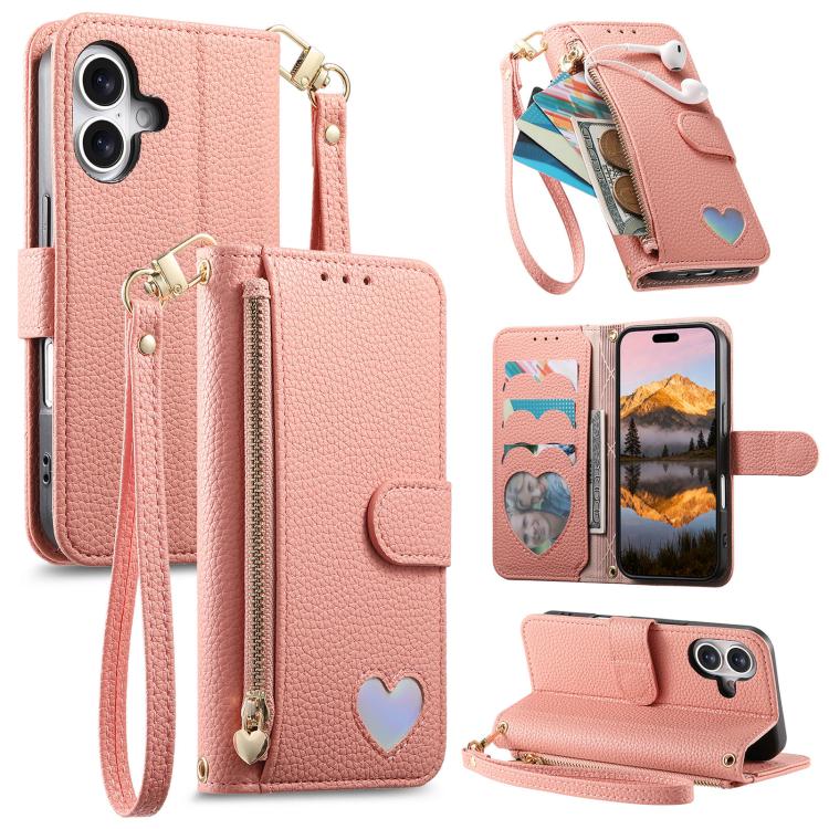 Fantasy Love Heart Zipper Wallet Vegan Leather Phone Case with Strap, For iPhone 16 Pro Max, For iPhone 16 Pro, For iPhone 16 Plus, For iPhone 16
