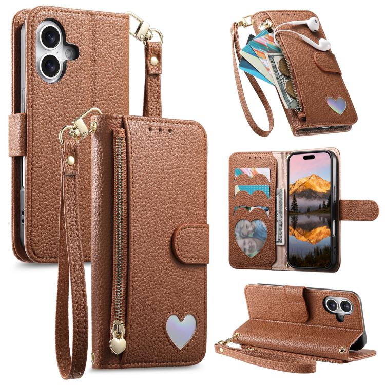 Fantasy Love Heart Zipper Wallet Vegan Leather Phone Case with Strap, For iPhone 16 Pro Max, For iPhone 16 Pro, For iPhone 16 Plus, For iPhone 16
