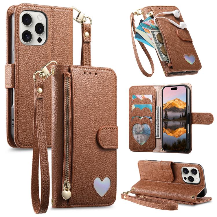 Fantasy Love Heart Zipper Wallet Vegan Leather Phone Case with Strap, For iPhone 16 Pro Max, For iPhone 16 Pro, For iPhone 16 Plus, For iPhone 16