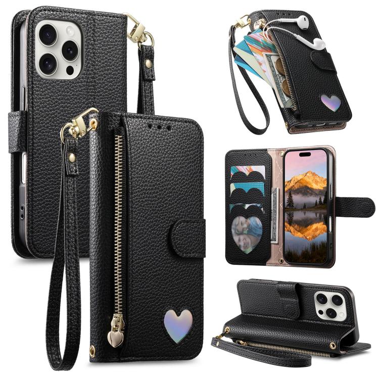 Fantasy Love Heart Zipper Wallet Vegan Leather Phone Case with Strap, For iPhone 16 Pro Max, For iPhone 16 Pro, For iPhone 16 Plus, For iPhone 16