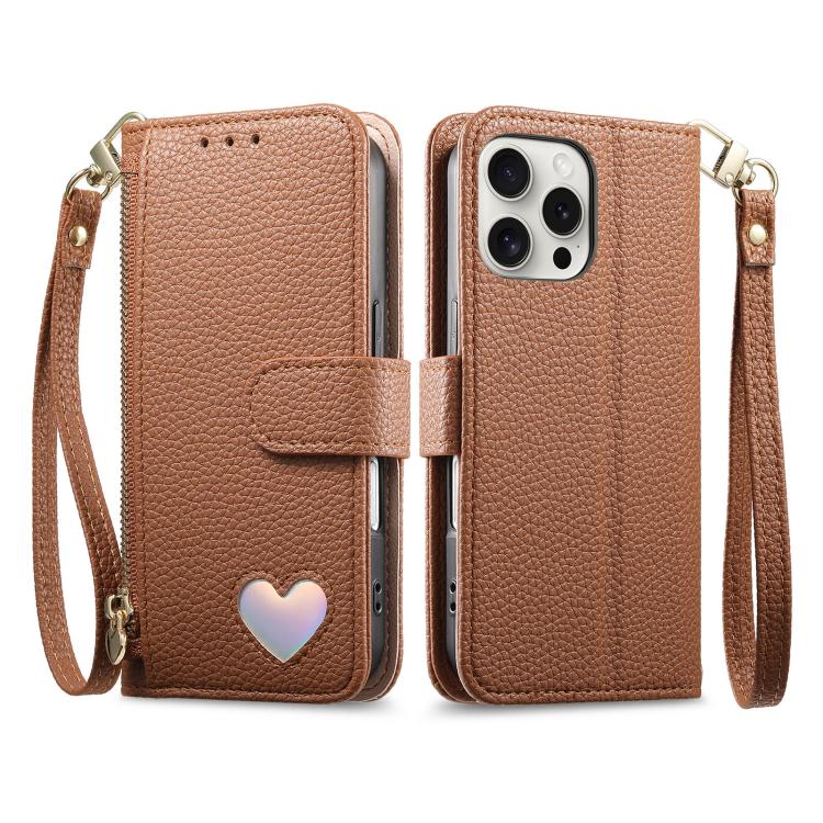 Fantasy Love Heart Zipper Wallet Vegan Leather Phone Case with Strap, For iPhone 16 Pro Max, For iPhone 16 Pro, For iPhone 16 Plus, For iPhone 16