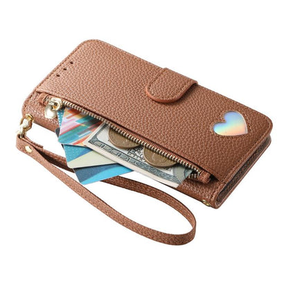 Fantasy Love Heart Zipper Wallet Vegan Leather Phone Case with Strap, For iPhone 16 Pro Max, For iPhone 16 Pro, For iPhone 16 Plus, For iPhone 16