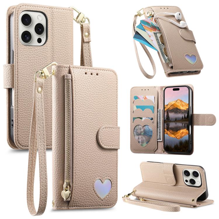 Fantasy Love Heart Zipper Wallet Vegan Leather Phone Case with Strap, For iPhone 16 Pro Max, For iPhone 16 Pro, For iPhone 16 Plus, For iPhone 16