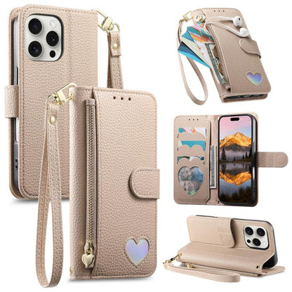 Fantasy Love Heart Zipper Wallet Vegan Leather Phone Case with Strap, For iPhone 16 Pro Max, For iPhone 16 Pro, For iPhone 16 Plus, For iPhone 16