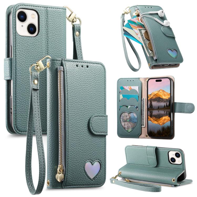 Fantasy Love Heart Zipper Wallet Vegan Leather Phone Case with Strap, For iPhone 15 Pro Max, For iPhone 15 Pro, For iPhone 15 Plus, For iPhone 15