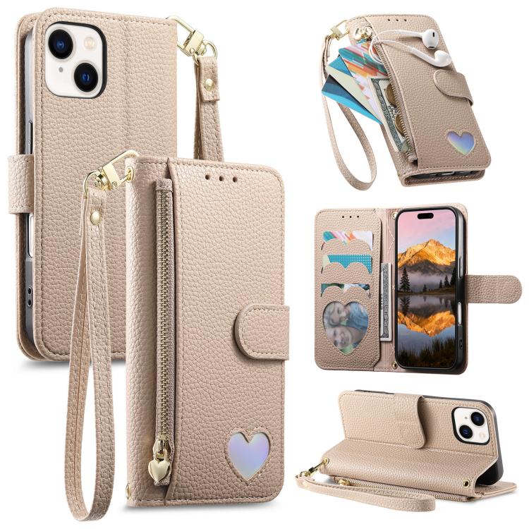 Fantasy Love Heart Zipper Wallet Vegan Leather Phone Case with Strap, For iPhone 15 Pro Max, For iPhone 15 Pro, For iPhone 15 Plus, For iPhone 15