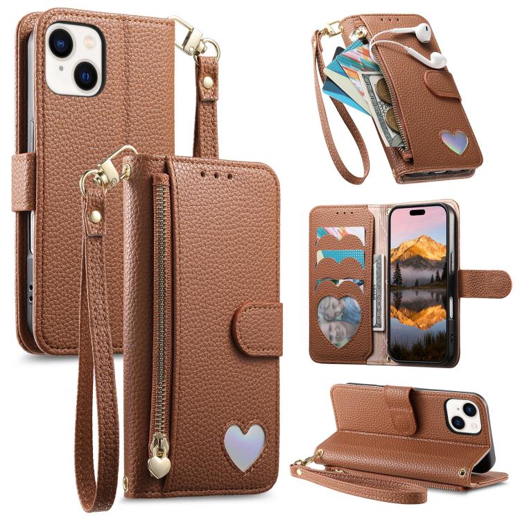 Fantasy Love Heart Zipper Wallet Vegan Leather Phone Case with Strap, For iPhone 15 Pro Max, For iPhone 15 Pro, For iPhone 15 Plus, For iPhone 15