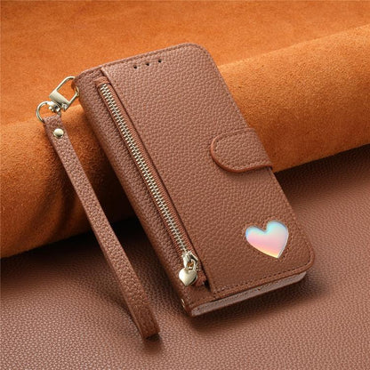 Fantasy Love Heart Zipper Wallet Vegan Leather Phone Case with Strap, For iPhone 15 Pro Max, For iPhone 15 Pro, For iPhone 15 Plus, For iPhone 15