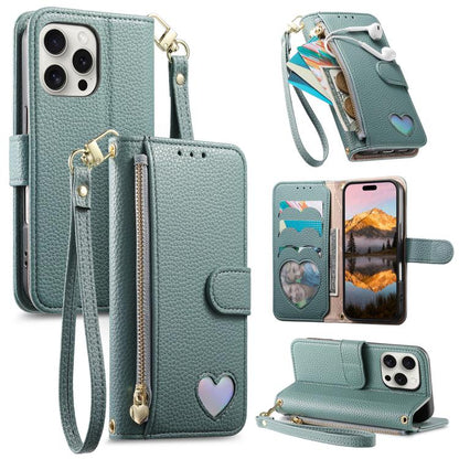 Fantasy Love Heart Zipper Wallet Vegan Leather Phone Case with Strap, For iPhone 15 Pro Max, For iPhone 15 Pro, For iPhone 15 Plus, For iPhone 15