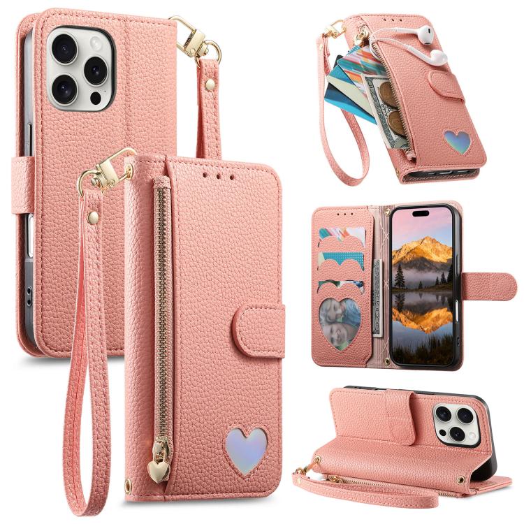 Fantasy Love Heart Zipper Wallet Vegan Leather Phone Case with Strap, For iPhone 15 Pro Max, For iPhone 15 Pro, For iPhone 15 Plus, For iPhone 15