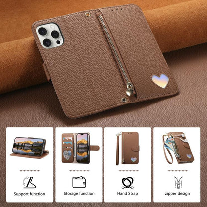 Fantasy Love Heart Zipper Wallet Vegan Leather Phone Case with Strap, For iPhone 13 Pro Max, For iPhone 13 Pro, For iPhone 13