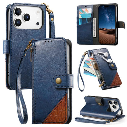 Splicing Zipper Wallet Vegan Leather Phone Case with Strap, For iPhone 17 Pro Max, For iPhone 17 Pro, For iPhone 17, For iPhone Air