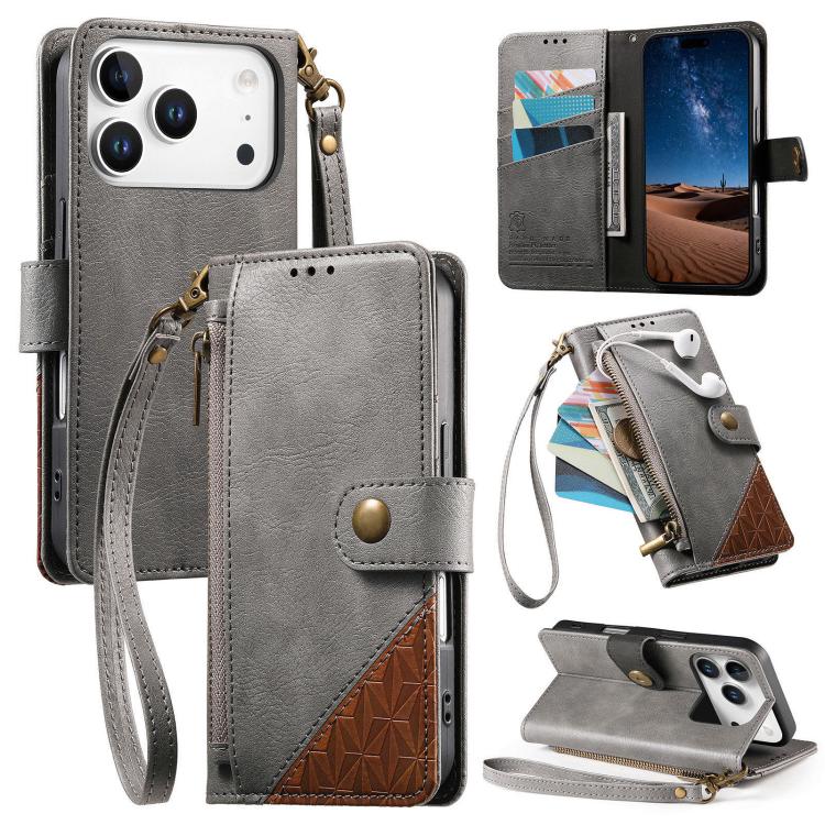 Splicing Zipper Wallet Vegan Leather Phone Case with Strap, For iPhone 17 Pro Max, For iPhone 17 Pro, For iPhone 17, For iPhone Air