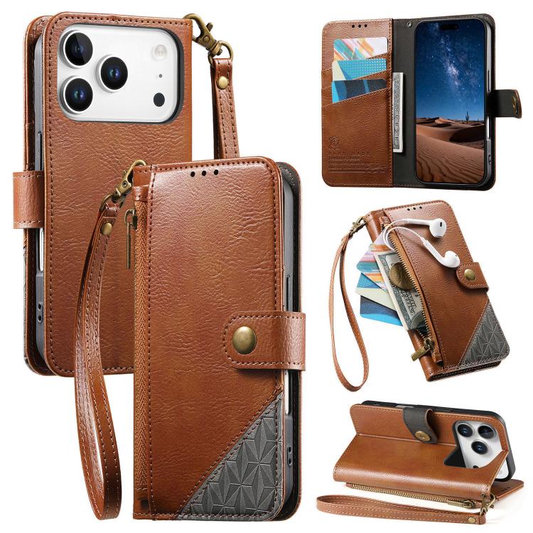 Splicing Zipper Wallet Vegan Leather Phone Case with Strap, For iPhone 17 Pro Max, For iPhone 17 Pro, For iPhone 17, For iPhone Air